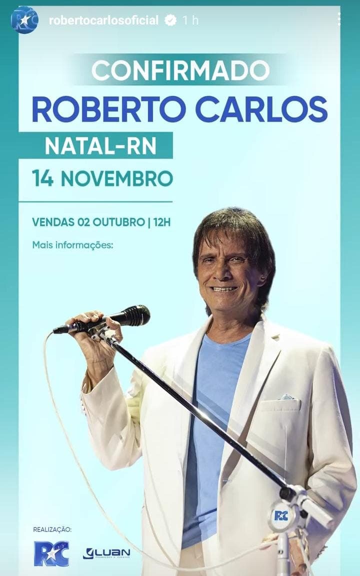 Roberto Carlos confirma show em Natal no dia 14 de novembro; ingressos começam a ser vendidos na próxima segunda-feira (2)