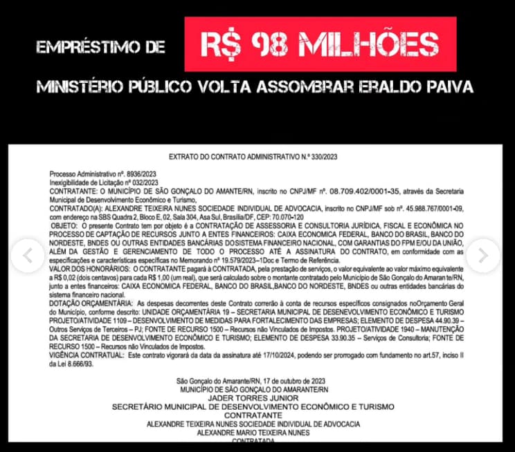 EMPRÉSTIMO DE R$ 98 MILHÕES: Ministério Público volta a assombrar ERALDO, O INGRATO
