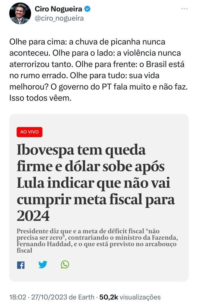 Presidente do PP diz que governo Lula ‘fala muito e não faz' e que o Brasil ‘está no rumo errado'