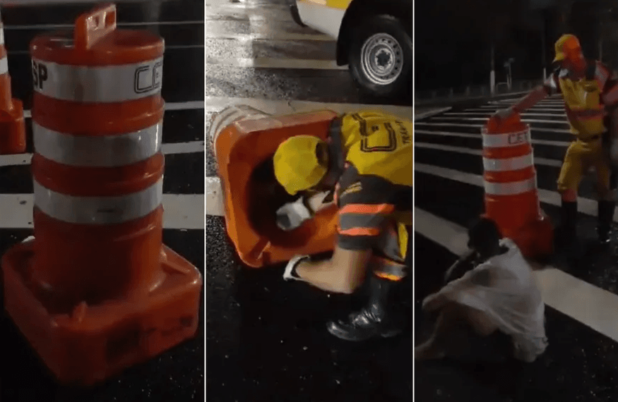 VÍDEO: Homem fica preso em cone de sinalização de trânsito em São Paulo