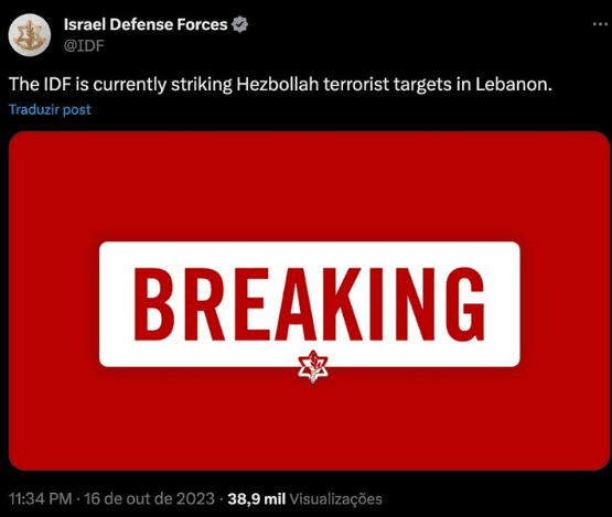 Israel ataca alvos terroristas do Hezbollah no Líbano