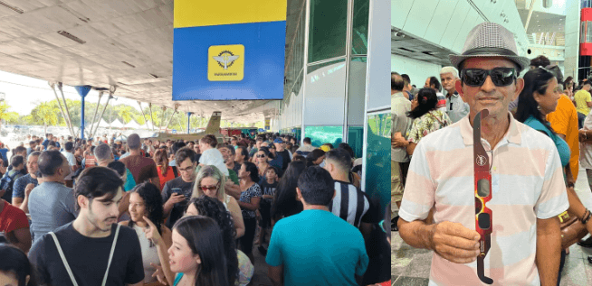 VÍDEO E FOTOS: Potiguares aguardam até 3 horas em fila para retirar óculos especiais para ver o eclipse solar anelar