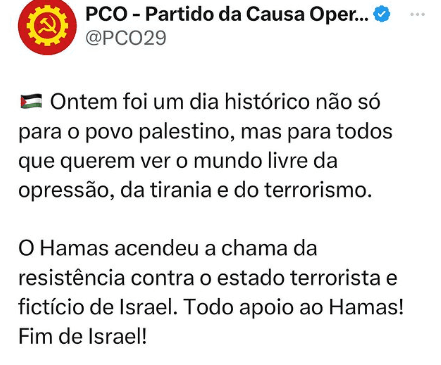 Partido da Causa Operária chama Israel de "estado fictício" e presta "todo apoio" ao grupo terrorista Hamas
