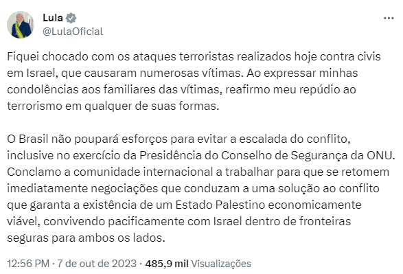 Lula condena ataques em Israel: "reafirmo meu repúdio ao terrorismo"