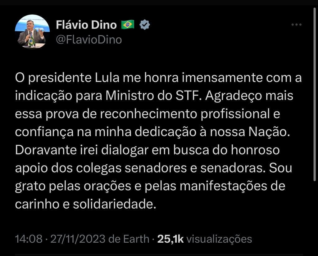 Ministro Dino agradece indicação de Lula ao STF e vê ‘reconhecimento profissional'