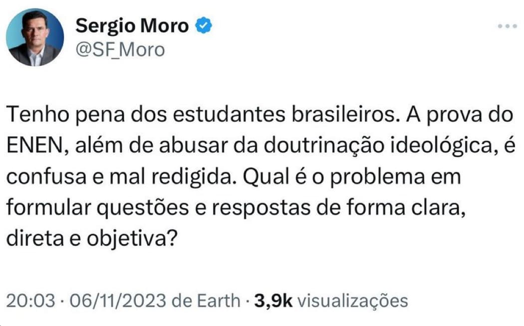 Moro diz que prova do Enem foi ‘mal redigida', mas escreve errado nome do exame