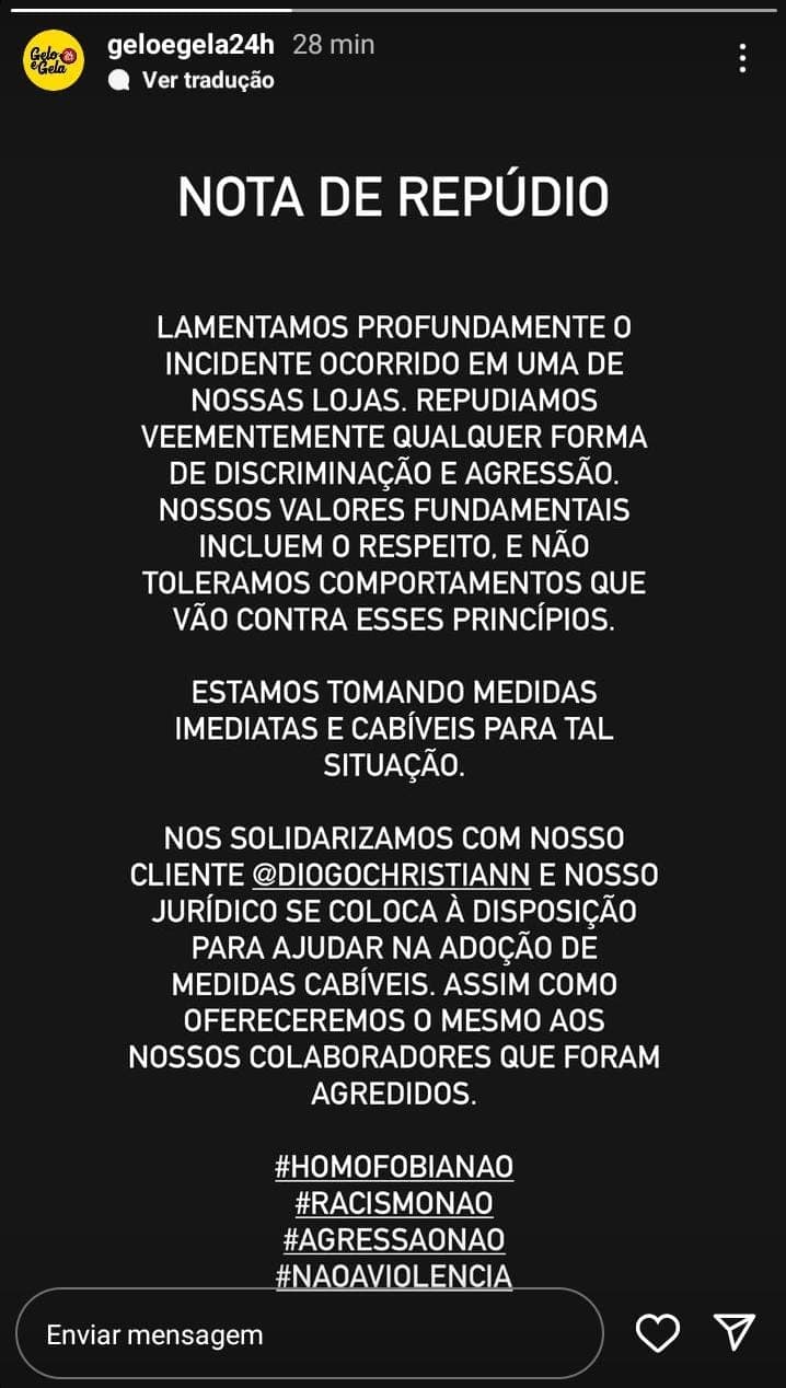 Gelo e Gela repudia "discriminação e agressão" e coloca jurídico à disposição de vítima de incidente ocorrido em loja