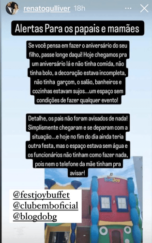 Clientes denunciam buffet infantil em Natal que realizou festa sem água, decoração e bolo para os convidados e cancelou outro evento horas antes do horário marcado