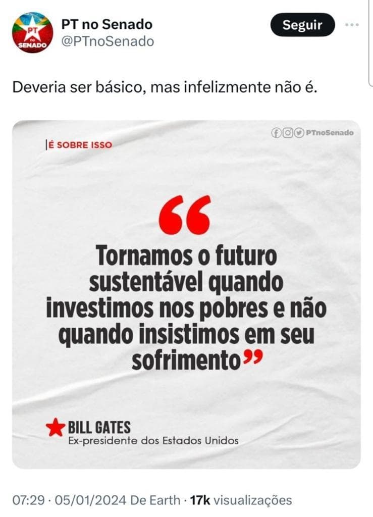GAFE: perfil PT no Senado confunde Bill Gates com Ex-Presidente dos EUA
