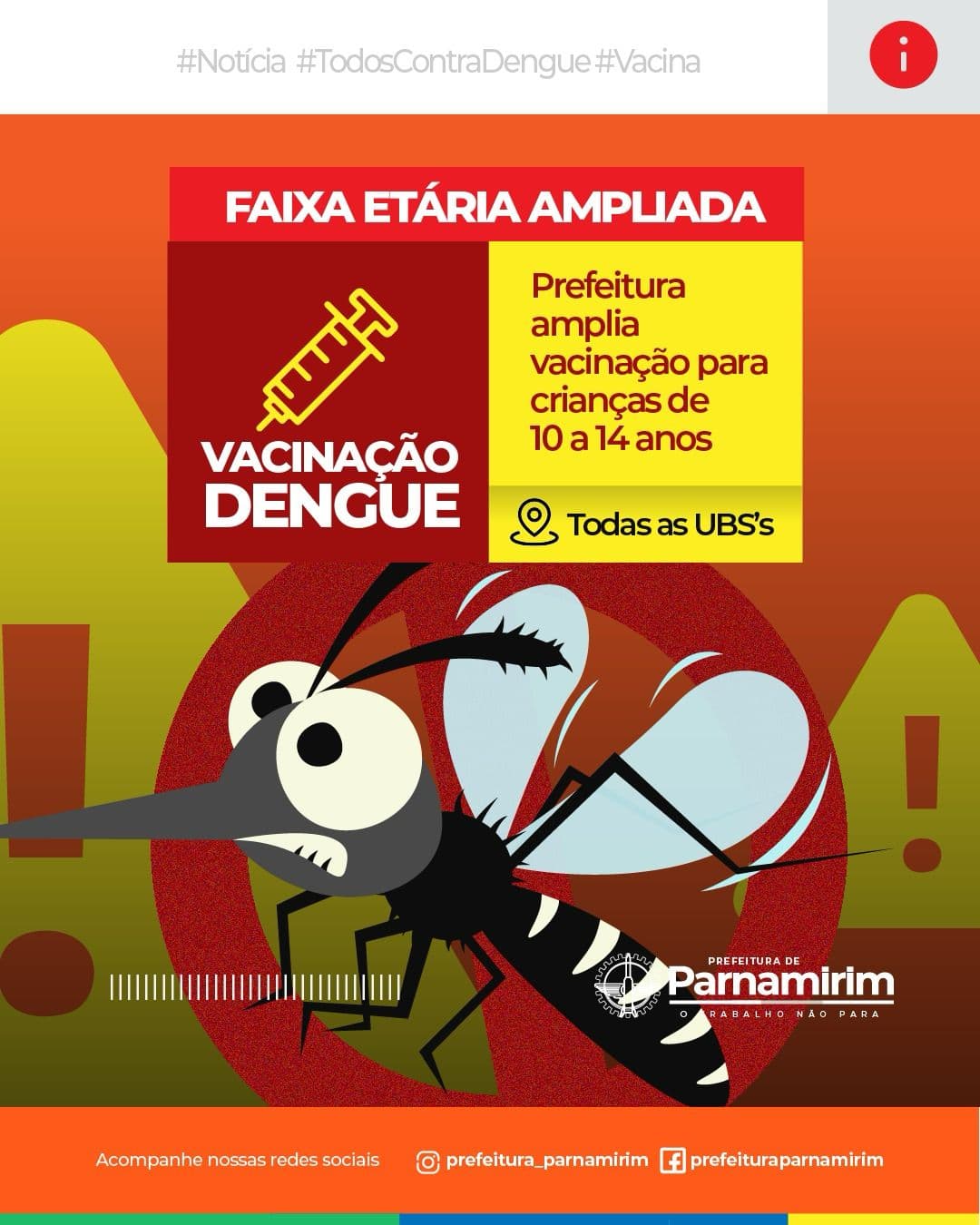 Parnamirim amplia vacinação de crianças contra Dengue, dos 10 aos 14 anos