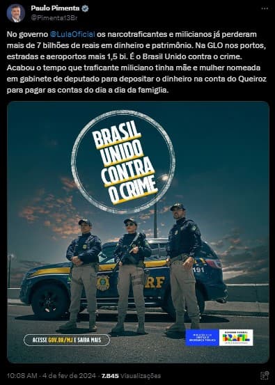 Ministro de Lula liga milícia à família Bolsonaro em post com peça publicitária do governo