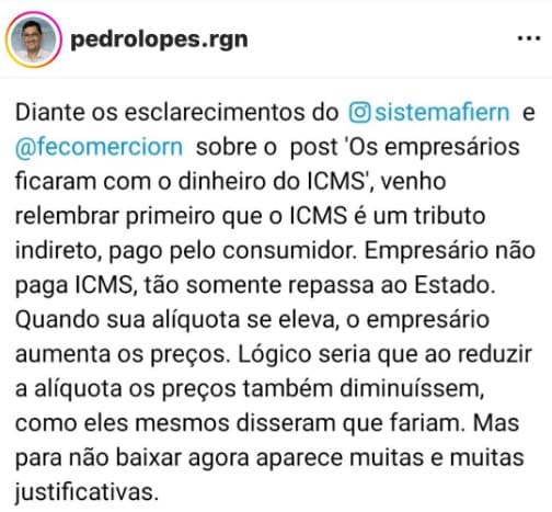 Pedro Lopes afirma que Fiern e Fecomércio-RN faltam com a verdade e diz que preços não baixaram