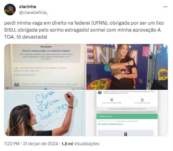 Estudante potiguar perde vaga em direito na UFRN após "mudança" no Sisu