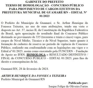 Prefeitura de Guamaré homologa resultado final de concurso público