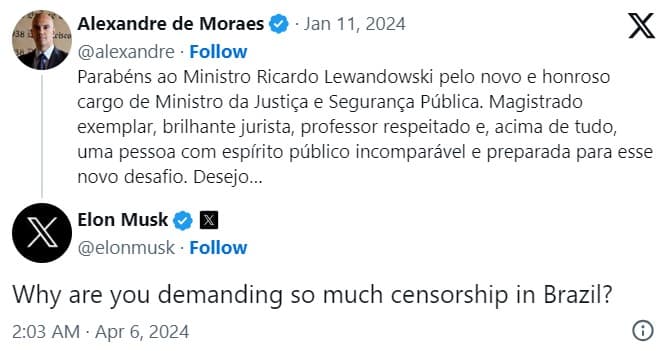 Elon Musk pergunta a Alexandre de Moraes: “​​Por que você está determinando tanta censura no Brasil?”
