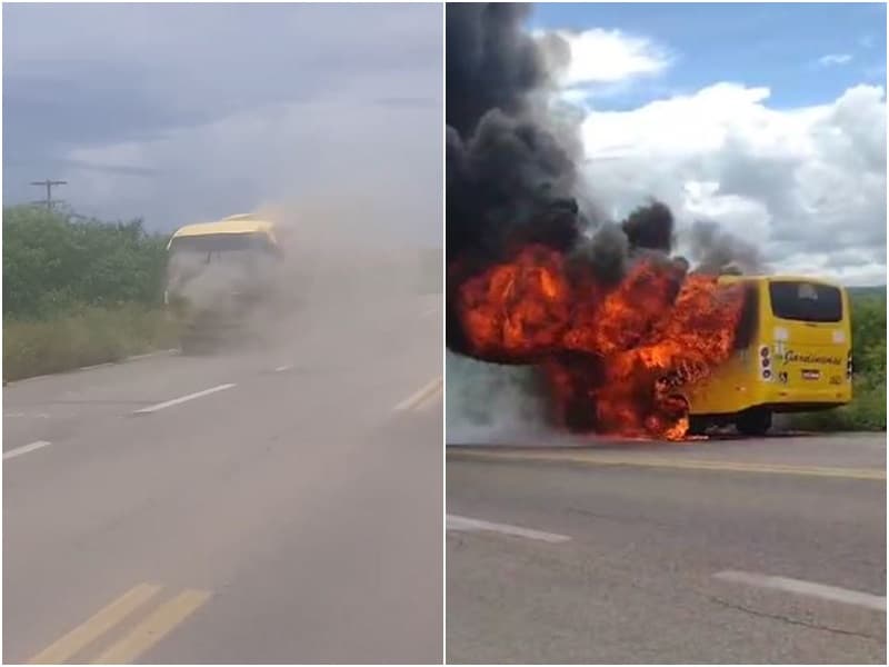 VÍDEO: Ônibus com destino a Caicó pega fogo após pane elétrica no interior do RN; Os ocupantes conseguiram sair do veículo