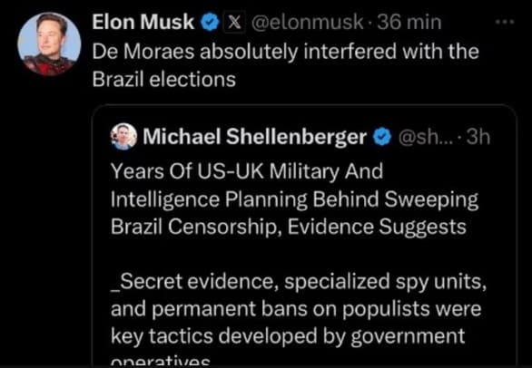 Musk sobe tom e diz que Moraes “interferiu nas eleições do Brasil”