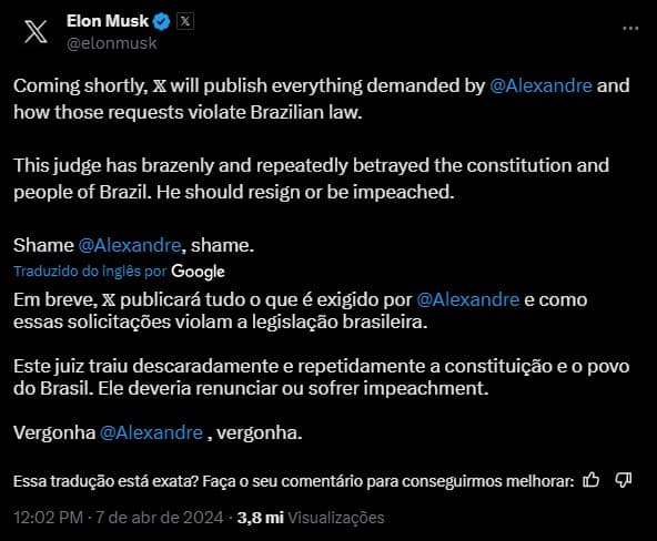 PANCADA: Elon Musk diz que Moraes "traiu descaradamente a Constituição e o povo do Brasil e deveria renunciar"