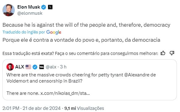 Musk comenta ato de Bolsonaro no Rio e diz que Moraes é contra a democracia
