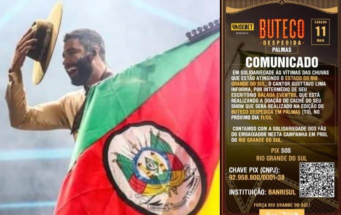 Gusttavo Lima anuncia que vai doar 100% do cachê de seu show "Buteco" em Palmas-TO para ajudar vítimas das enchentes no RS