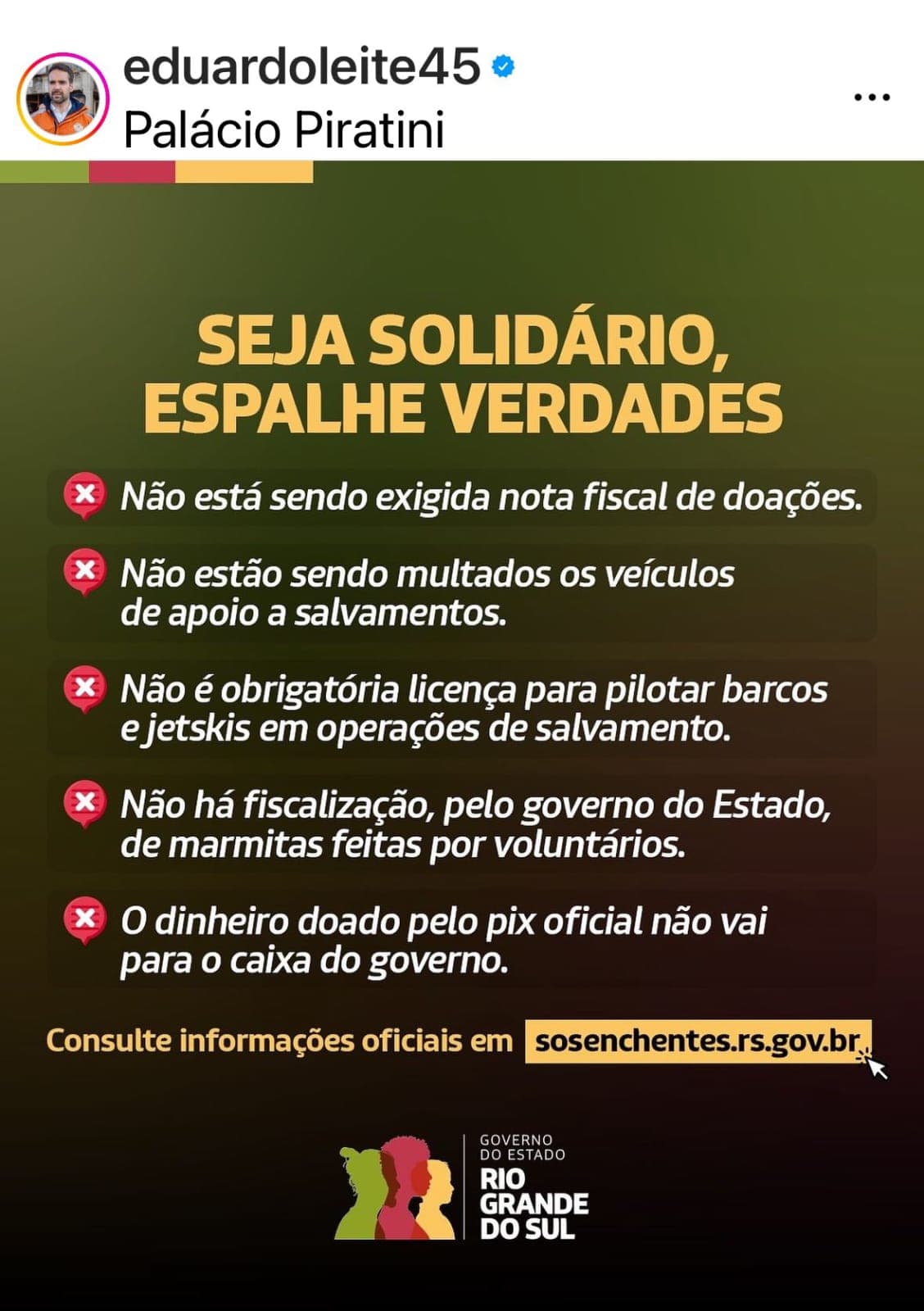 Eduardo Leite alerta para notícias falsas sobre doações no RS