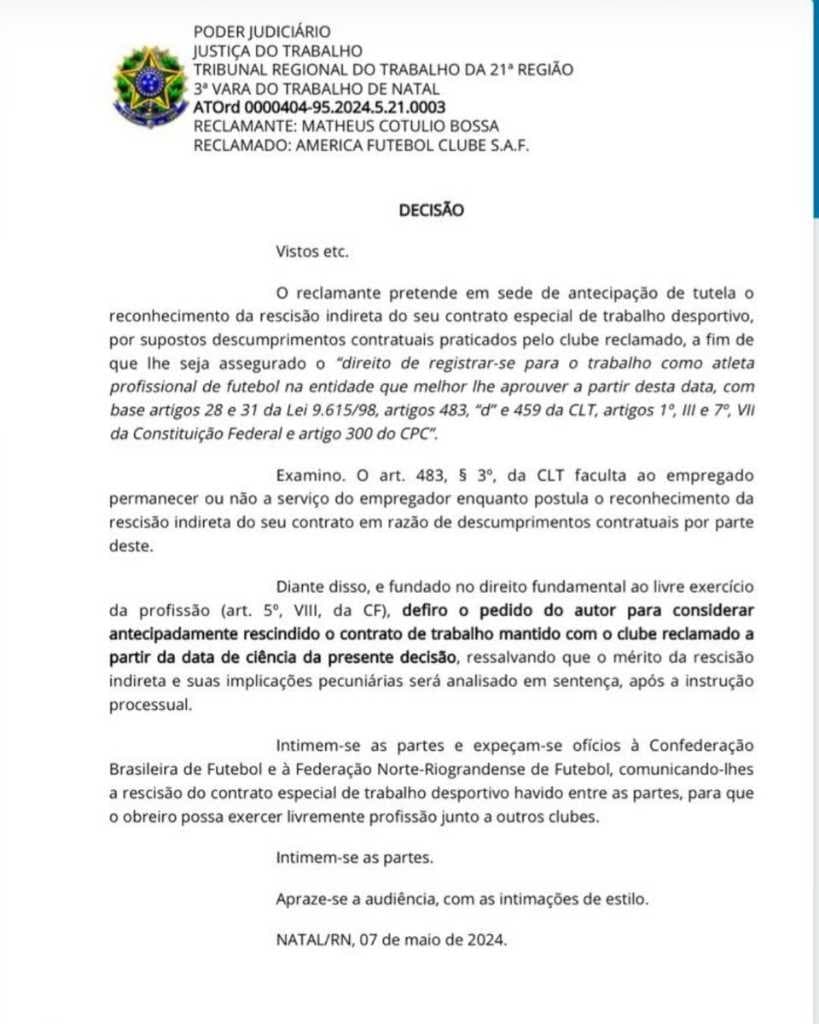 Matheuszinho entrou com pedido de rescisão indireta para sair do América. Juiz deferiu liminar