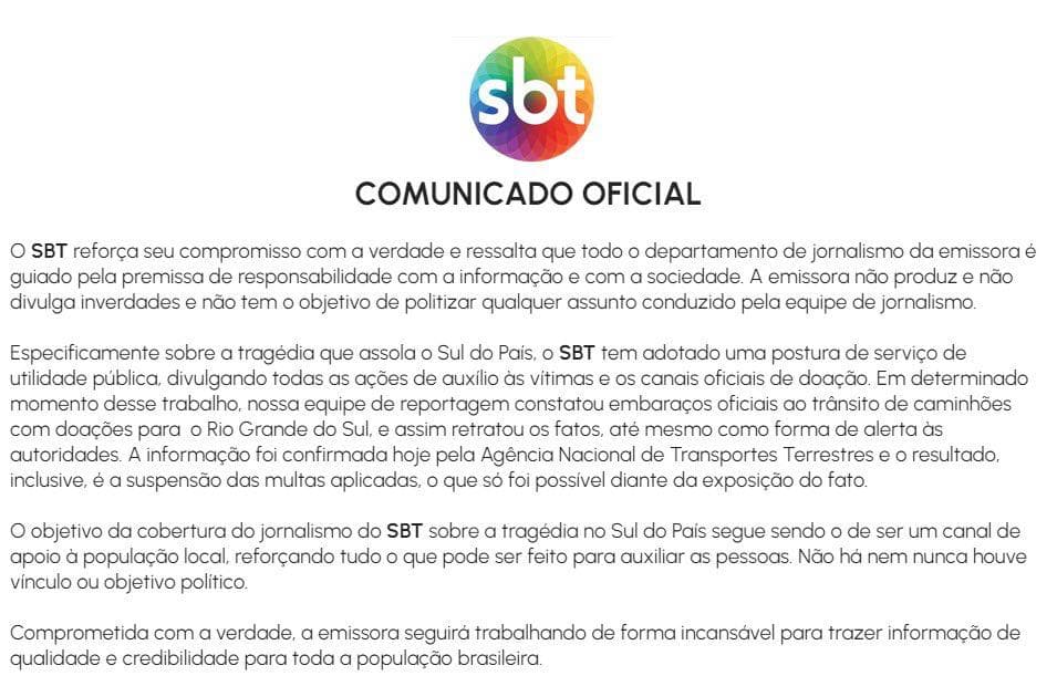 SBT diz que "não tem objetivo de politizar qualquer assunto" após polêmica sobre reportagem que mostrou caminhões com doações para o RS sendo multados