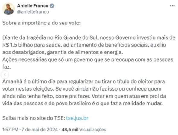 Ministra Anielle Franco usa tragédia no RS para pedir votos e depois apaga publicação em rede social