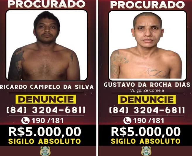 Governo do RN oferece recompensa de até R$ 10 mil por informações que levem à recaptura de fugitivos do Complexo de Alcaçuz