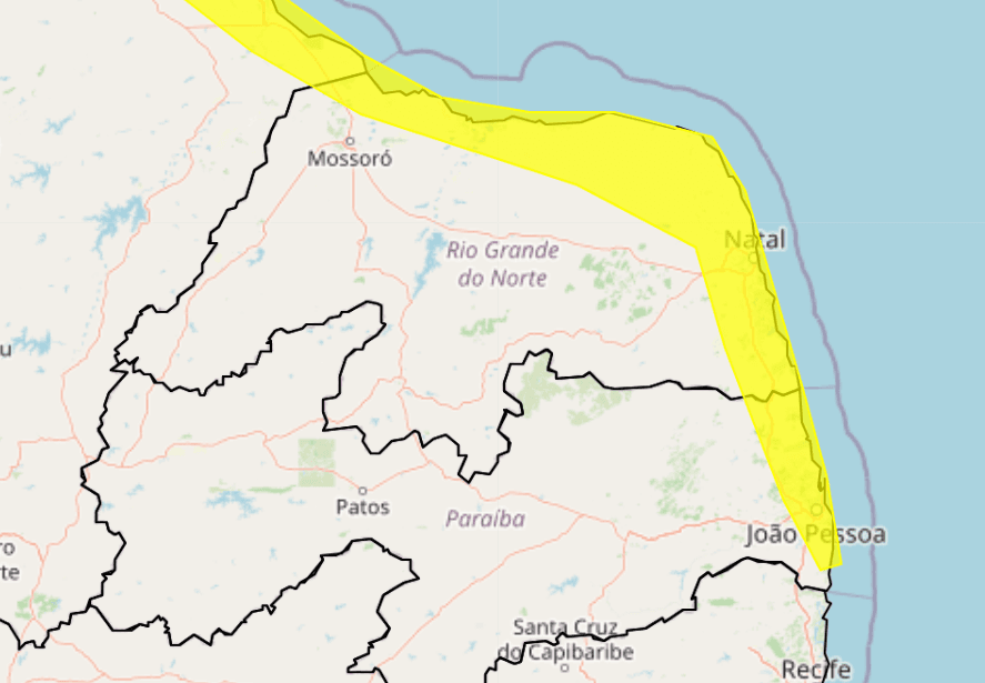 Inmet alerta para chuvas intensas em todo o litoral do RN