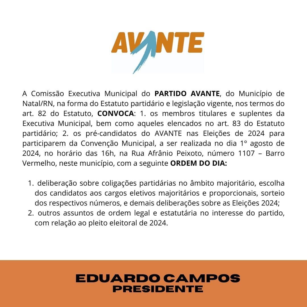 Avante divulga data da Convenção Municipal que vai homologar Rafael Motta como candidato a prefeito de Natal