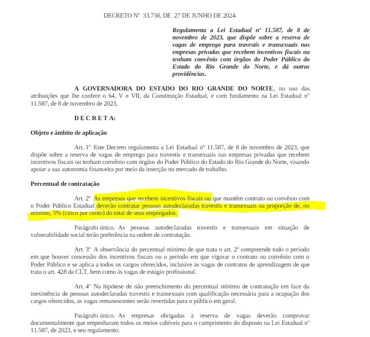 Governo do RN publica decreto regulamentando lei que obriga empresas que recebem incentivos fiscais ou têm contrato com Estado a contratar travestis e transexuais
