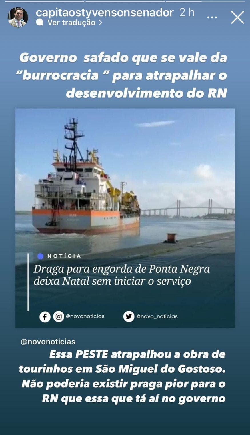 "Governo safado que se vale da ‘burrocracia' para atrapalhar o desenvolvimento do RN", diz senador Styvenson após draga que faria engorda de Ponta Negra deixar Natal