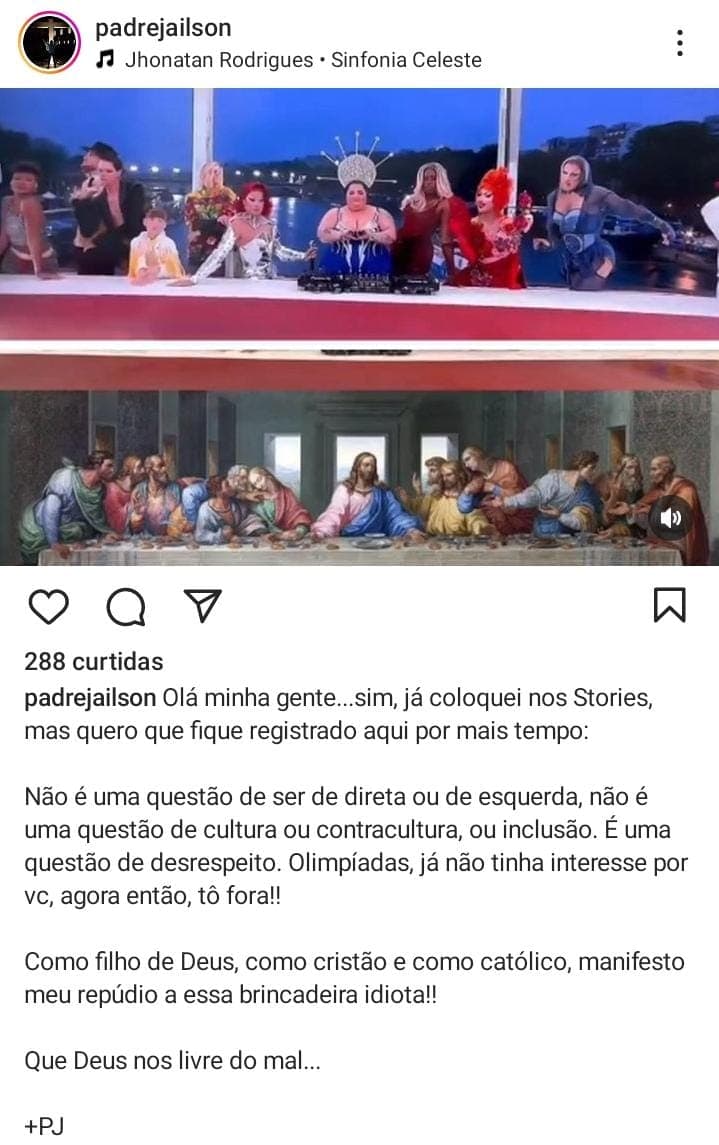 Padre Jailson repudia paródia da Santa Ceia na abertura da Olimpíada de Paris: "desrespeito, brincadeira idiota"