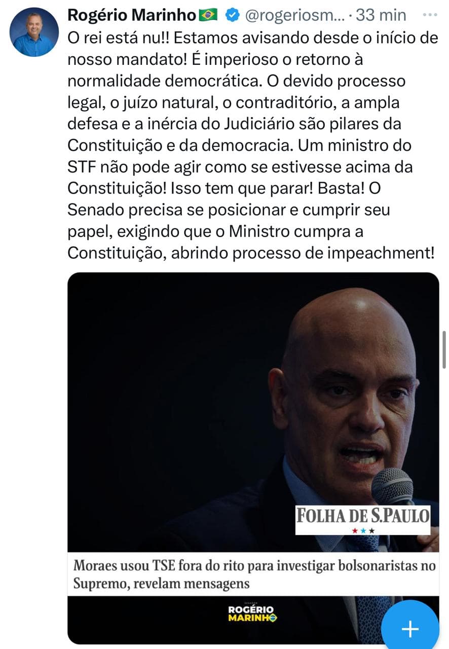 Rogério Marinho diz que “o rei está nu” em relação a Alexandre de Morais e que o Senado tem que abrir processo de impeachment