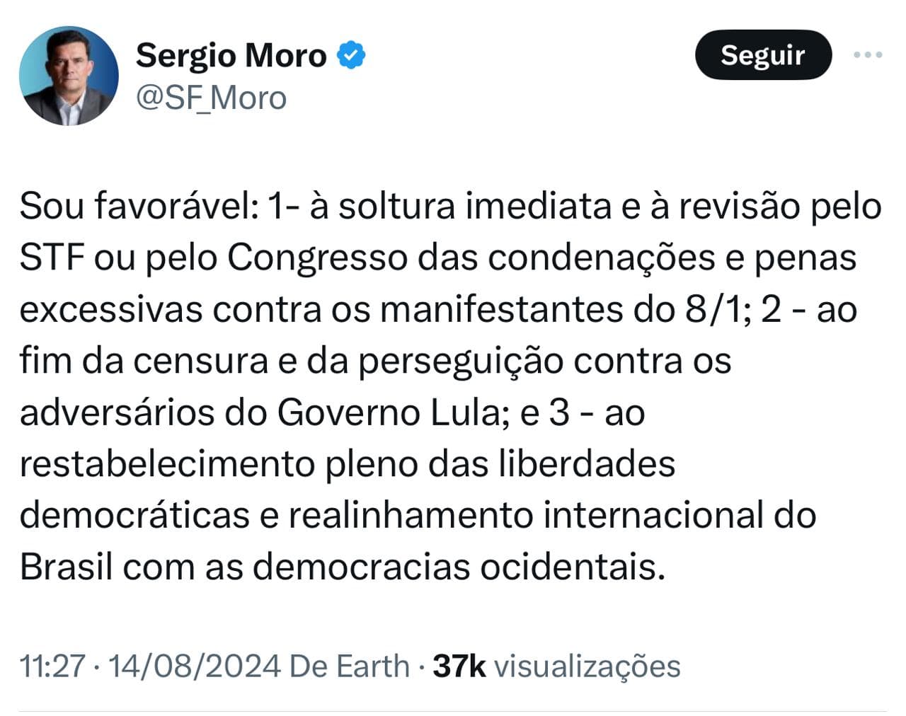 Sergio Moro se manifesta sobre Moraes pedindo "fim da censura e da perseguição contra os adversários do Governo Lula"