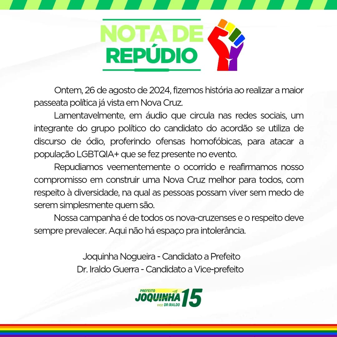 Campanha de Joquinha Nogueira em Nova Cruz emite nota de repúdio após áudios de opositor com ofensas homofóbicas