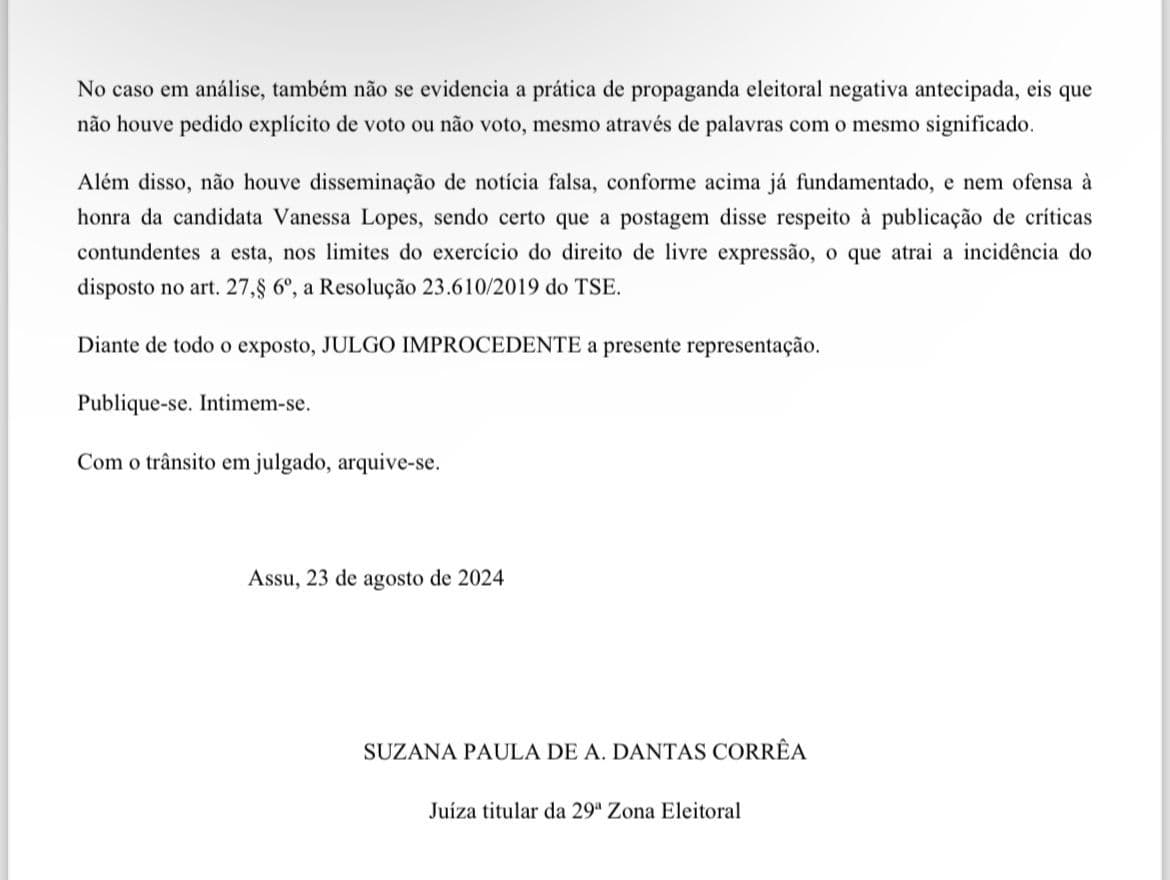 Justiça rejeita tentativa de Dra. Vanessa de censurar blog de Assú
