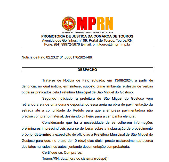 MP Investiga Suposto Crime de Corrupção em São Miguel do Gostoso; Denúncia Narra Desvio de Verba Para Campanha Eleitoral De Sobrinho do Prefeito; Veja Vídeos