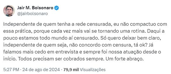 Bolsonaro se pronuncia sobre suspensão de perfis de Marçal nas redes: "independente de quem seja, não concordo com censura"