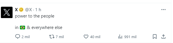 X pede "poder ao povo" após suspensão por Alexandre de Moraes