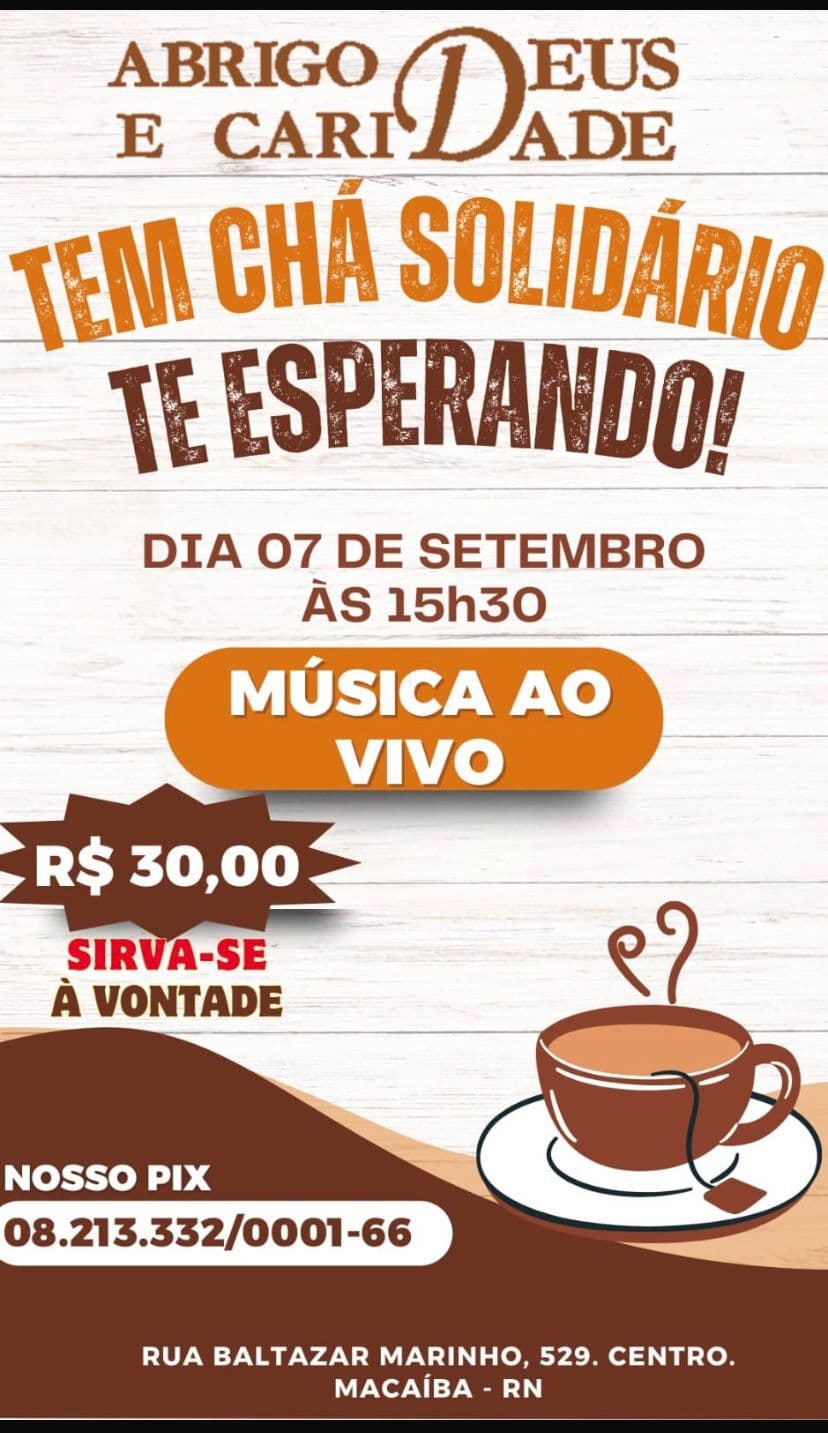 Chá Solidário do Abrigo Deus e Caridade acontece dia 7 de setembro