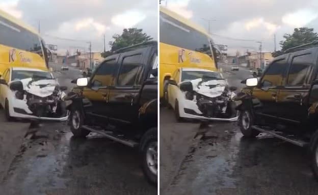 Carros batem de frente na saída da ponte de Igapó e motorista fica preso às ferragens
