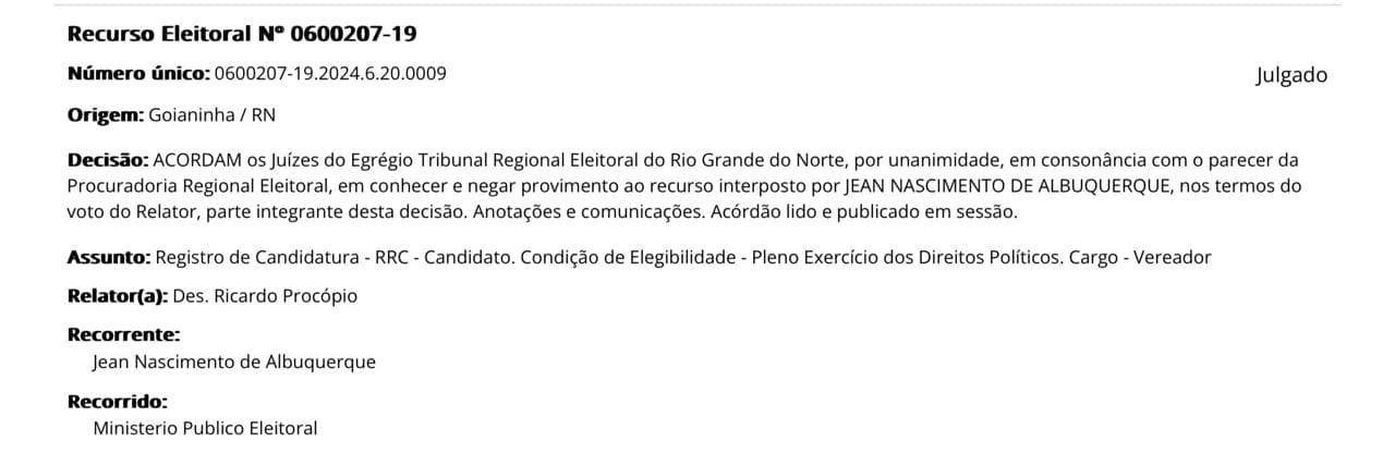 ELEIÇÕES EM GOIANINHA: TRE nega recurso de candidatura e mantém "Jean de Zé Arlindo" inelegível em 2024