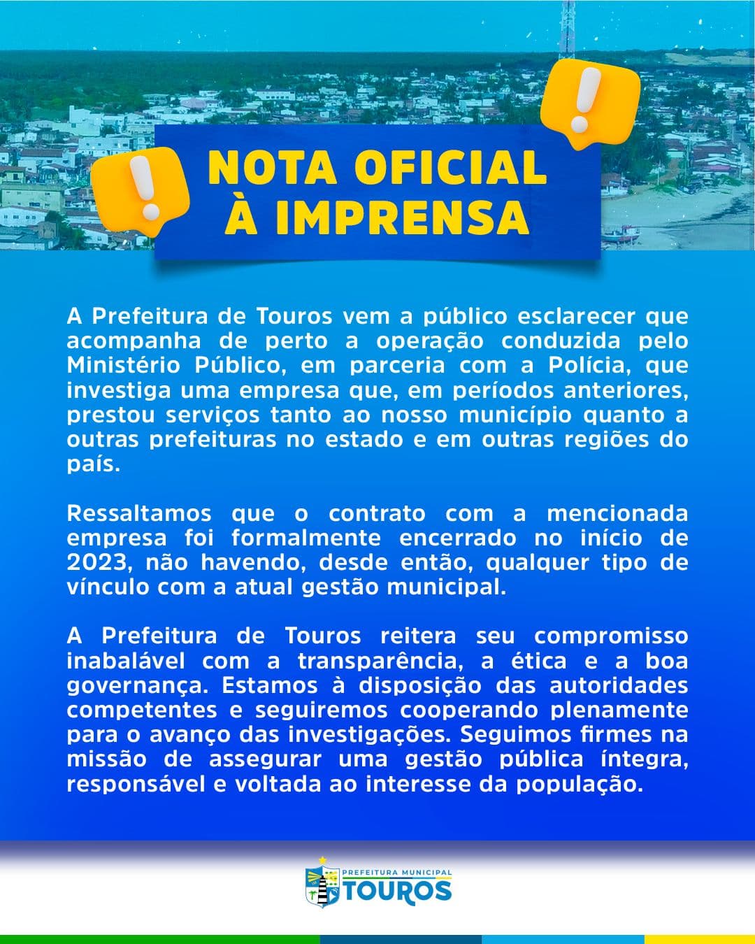 Prefeitura de Touros diz em nota que está cooperando para avanço de operação do MPRN que investiga desvio de recursos públicos