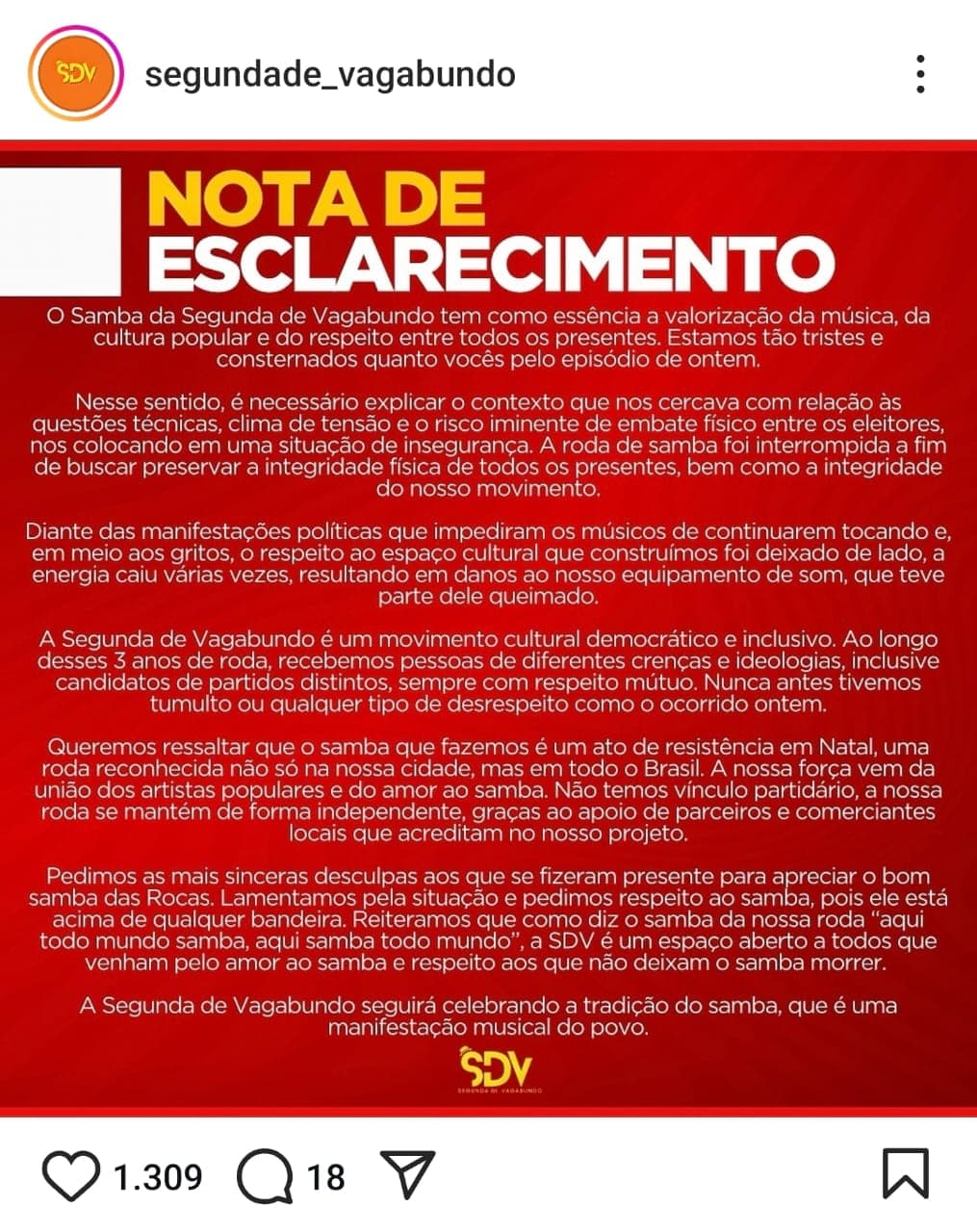 Samba da Segunda de Vagabundo emite nota de esclarecimento após manifestações políticas que impediram músicos de continuarem tocando: "preservar a integridade física de todos"
