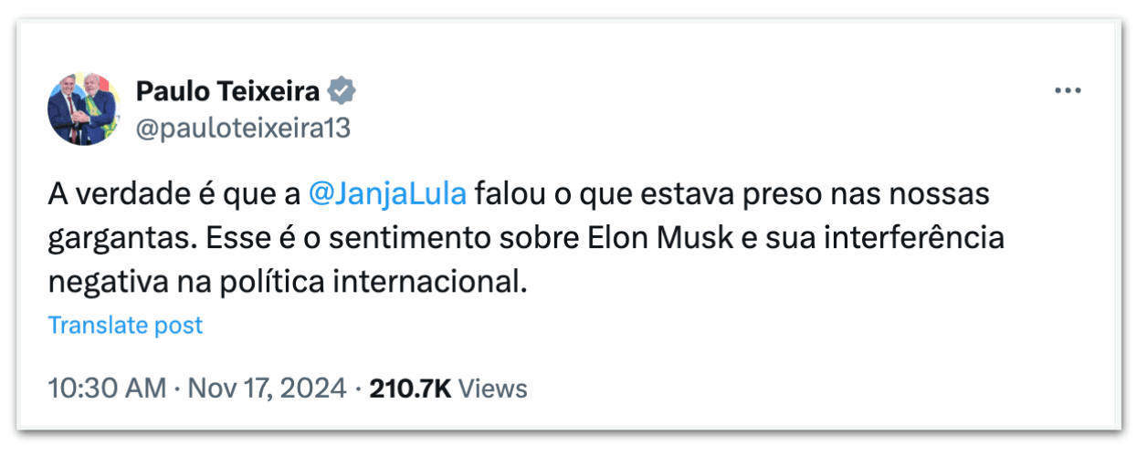 Ministro de Lula defende Janja: falou o que estava preso na garganta