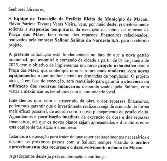 MACAU: Equipe da prefeita eleita pede à Salinor paralisação das obras da Praça das Mães