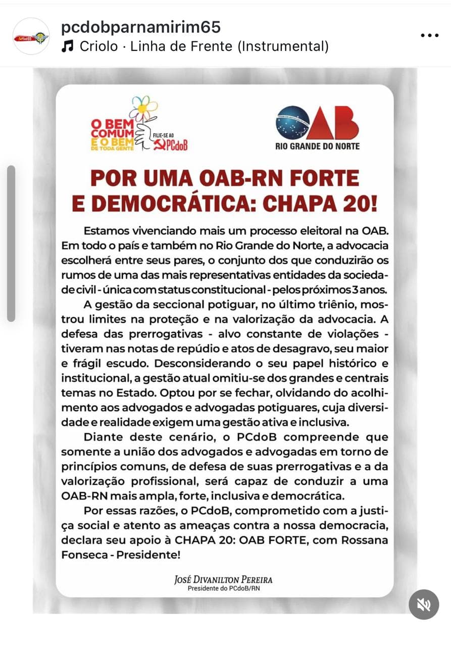 PCdoB anuncia apoio a candidatura de Rossana Fonseca na disputa para OAB/RN