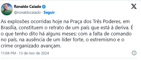 “País à deriva”: Caiado culpa Lula por ataque de homem-bomba no STF